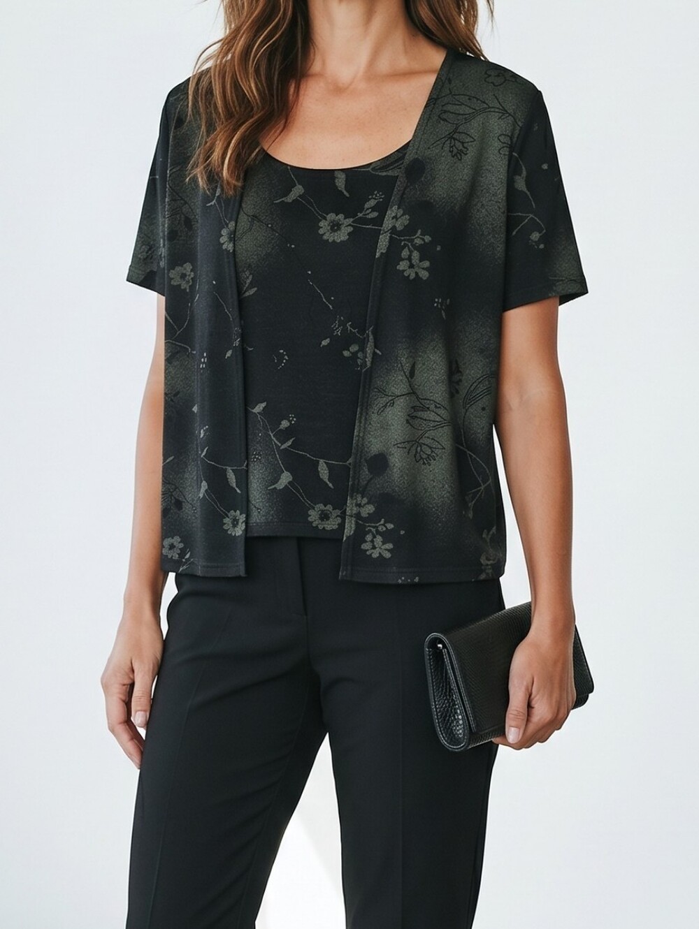 Vintage Black Floral Layered Short-Sleeve Tunic Top